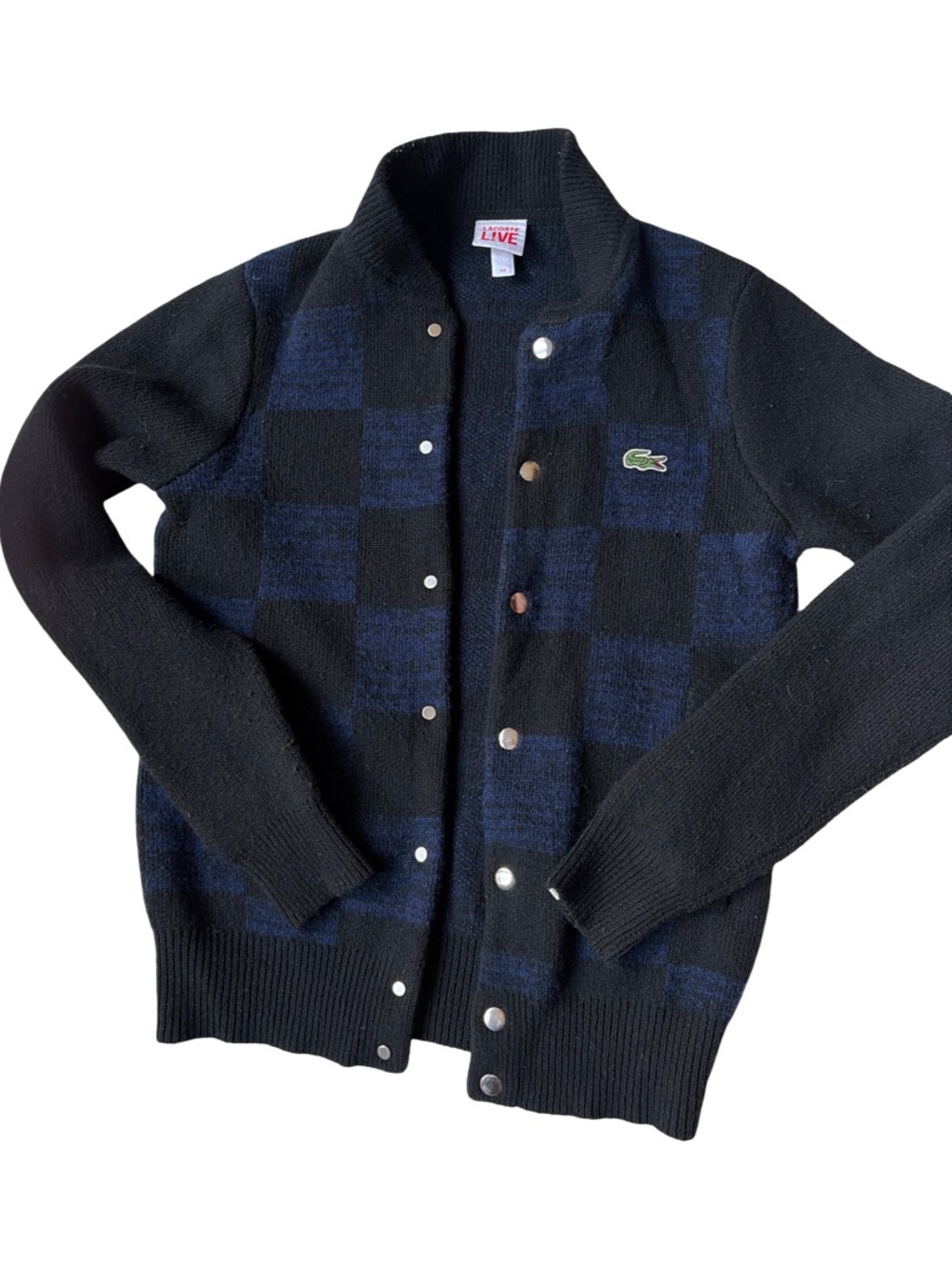 Lacoste Black & Navy Knit Cardigan with Checker Texture